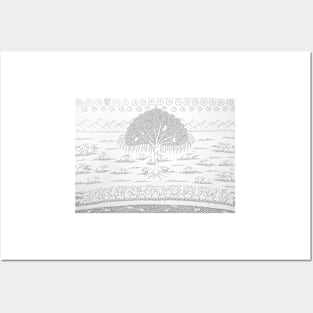 Nature line art scene with elephant, trees, monkey, folk indian art Posters and Art